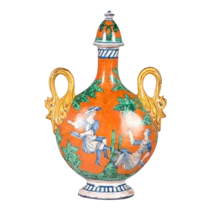 1990s Italian Hand Painted Ceramic Flask in Orange, Green, Blue and Yellow Colors