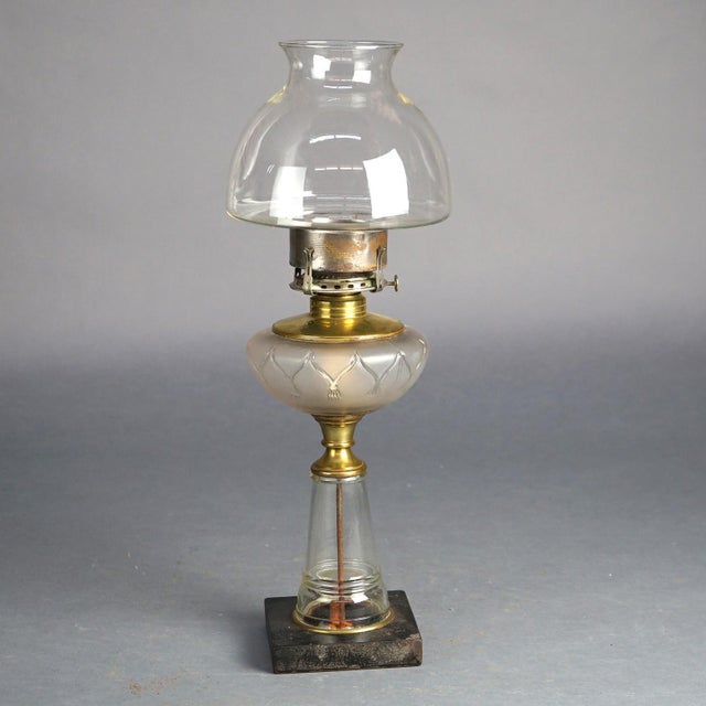 Metal Antique Oil Lamp with Glass Base & Shade C1890 For Sale - Image 7 of 12
