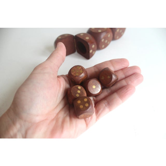 Vintage Wood and Brass Dice Holder Box Set of Five Dice For Sale - Image 10 of 10