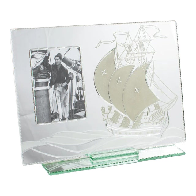 Mirror Picture Frame With Sailing Boat Etching, France 1940s For Sale