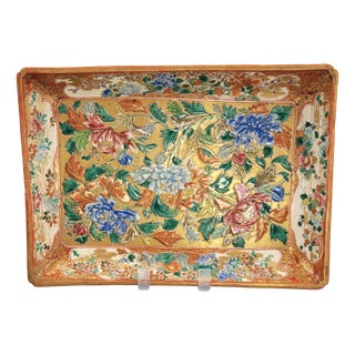 Meiji Rectangular Kutani Platter with Gilt Kinrande and Moriage Peonies For Sale