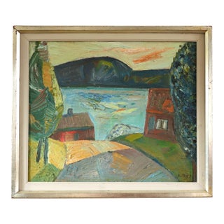 Mid-Century Modern 'Lakeside Village' Vintage Swedish Expressive Original Landscape Oil Painting, Framed For Sale