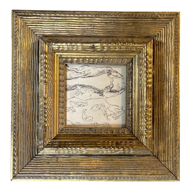 1940’s Original Abstract Life Study Ink Drawing Chunky Carved Wood Frame For Sale