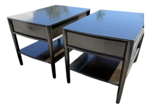 t.h. Robsjohn Gibbings for Widdicomb Lacquered Ebonized Original End Tables With Original Labels a Pair