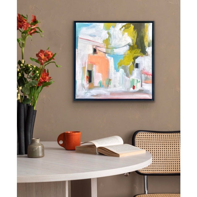 Promenade by Leigh Ann Van Fossan | Acrylic Painting of a colorful street scene with buildings For Sale - Image 4 of 5
