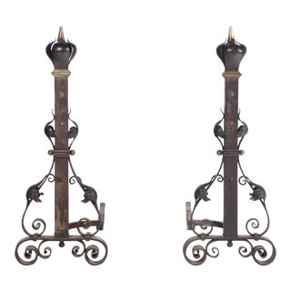 19th Century French Wrought Iron and Bronze Andirons -A Pair For Sale