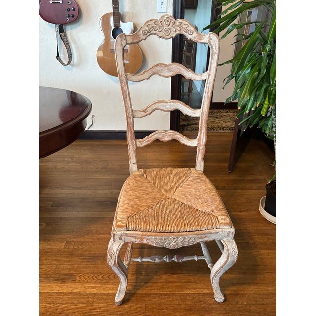Late 20th Century French Dining Chairs Ladder-Back Rush Seats Custom Pads For Sale - Image 5 of 12