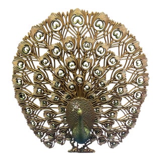 MCM 1960's Jeweled Burlwood Peacock Large Wall Art Hanging Hollywood Regency For Sale