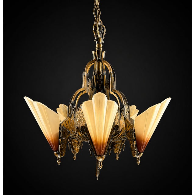 1930s Mid-West Mfg. Soleure Series Art Deco 5-Light Slip Shade Chandelier in Cast Bronze For Sale - Image 4 of 14