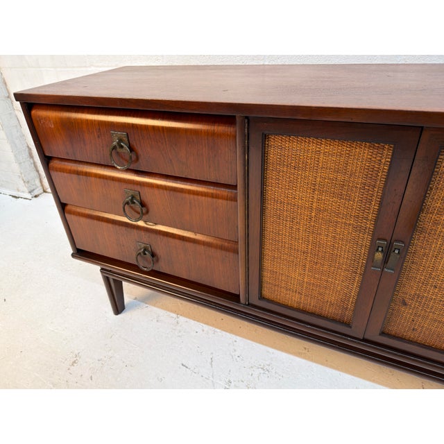 Mid-Century Modern Walnut and Cane Nine Drawer Dresser For Sale - Image 14 of 16