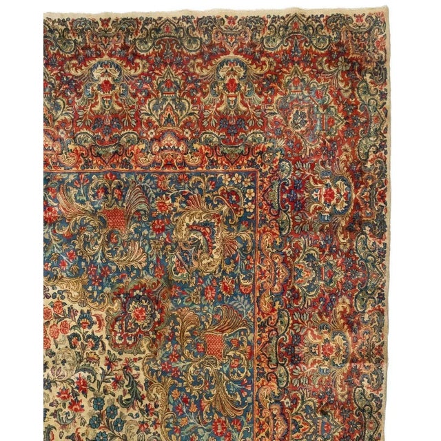 1920s Oversize Persian Ivory and Blue Floral Kirman Rug For Sale - Image 4 of 5