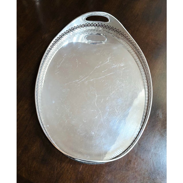 Platinum Antique European Sterling Silver Oval Gallery Tray 18” For Sale - Image 8 of 12