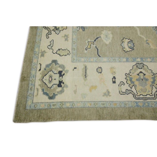 Modern Early 21st Century Green Floral Design Handwoven Wool Turkish Oushak Rug 6'5" X 8'6" For Sale - Image 3 of 6