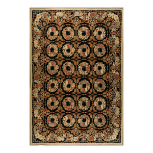 1980s Black Roses Circle Vintage Chinese European Needlepoint Rug 8' 8' X 12' 2'' Woven Wool Carpet