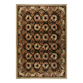 1980s Black Roses Circle Vintage Chinese European Needlepoint Woven Wool Rug For Sale