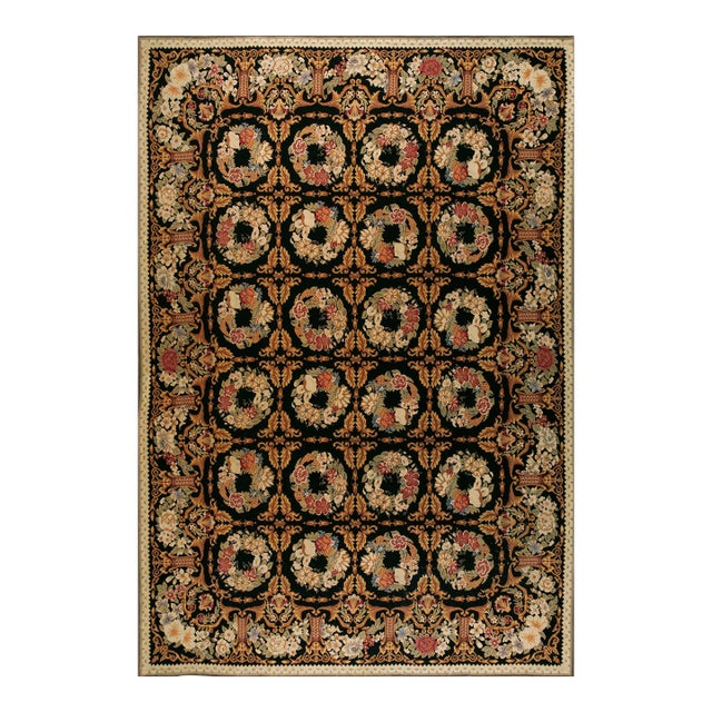 1980s Black Roses Circle Vintage Chinese European Needlepoint Woven Wool Rug For Sale