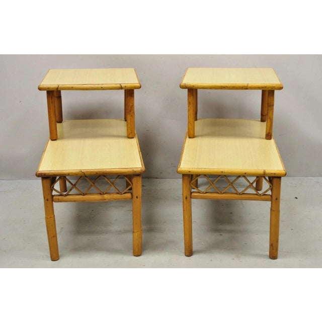 Vintage Mid Century Modern Tiki Room Rattan Bamboo Step Up End Tables - a Pair. Item features 2 tiers, bamboo wood frame,...
