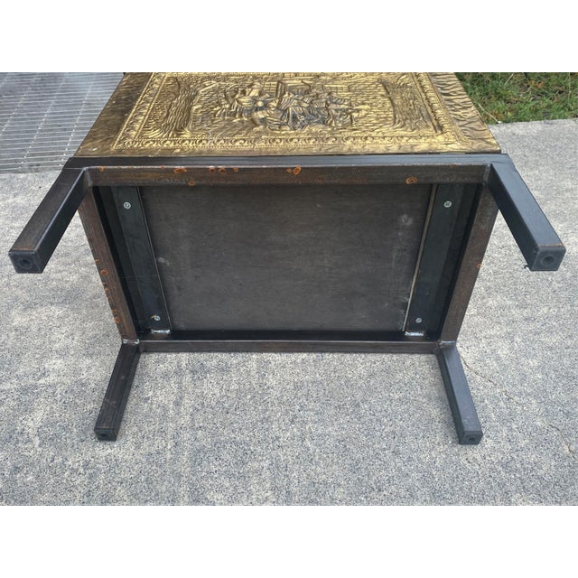 Mid 20th Century English Press Minted Brass Pub/Tavern Scene Wood Kindling Storage Box on Stand For Sale - Image 17 of 17