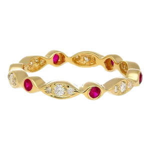 14k Gold Ruby and Diamond Bezel Stack Band 3mm Wavy Ring Size 7