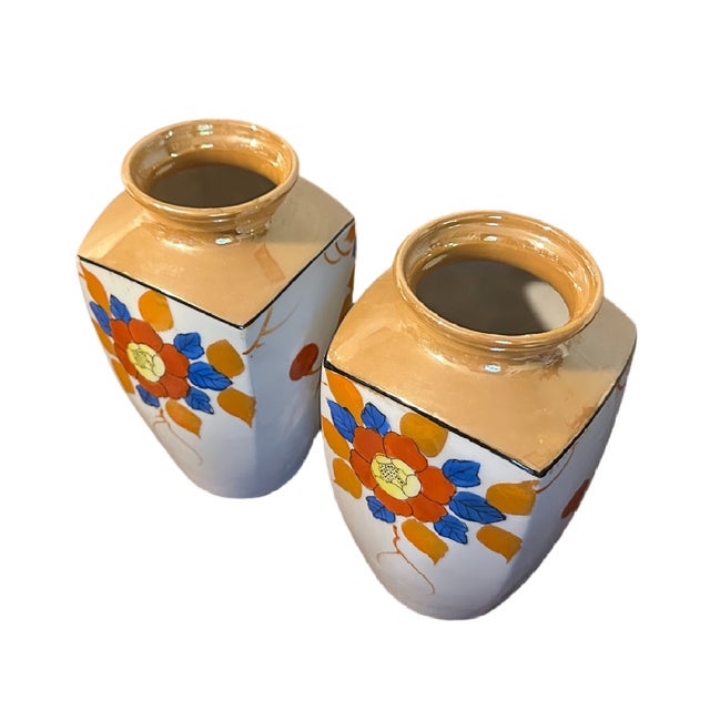Vintage 1930s Japaneses Hand Painted Floral Lusterware Vases - A Pair This is a vintage pair of Japanese lusterware vases...