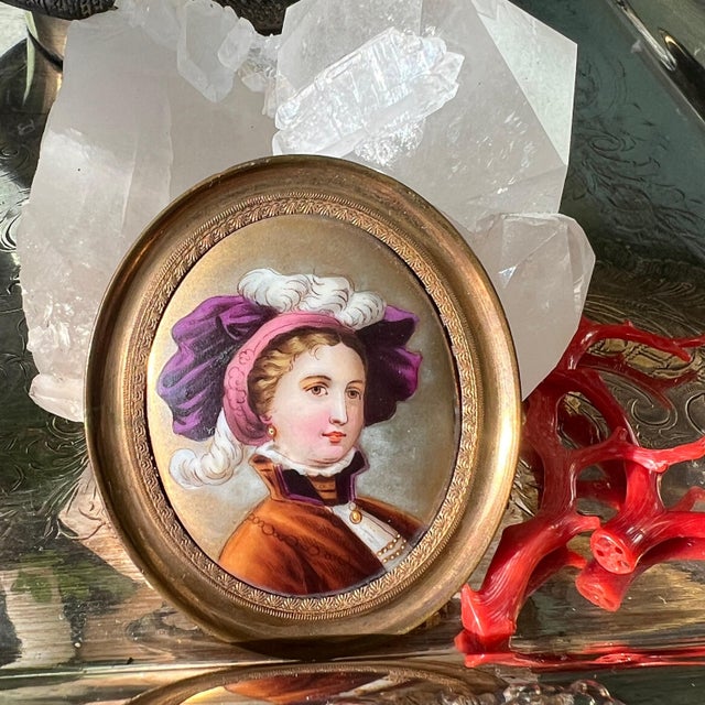Traditional Hand painted miniature portrait on porcelain with gold-tone frame // original antique art // portrait of a female // collectible artwork For Sale - Image 3 of 10