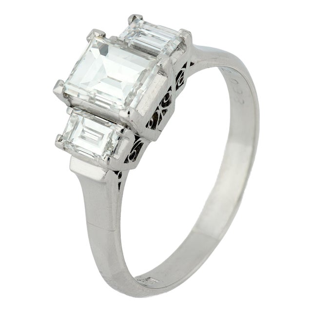 Vintage Gia Diamond Platinum Three Stone Engagement Ring, Size 8 For Sale