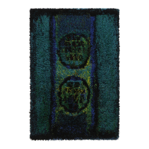 Vintage Swedish Rya Rug, Bold Scandinavian Motifs in Teal Blues - Rug & Kilim