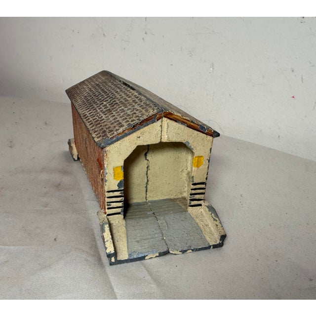 Figurative Vintage 20th Century Hand Painted Cast Metal Train Bridge Still Coin Dime Bank For Sale - Image 3 of 10