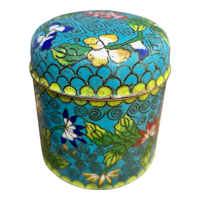 Vintage Cloisonné Enameled Copper Jar With Lid For Sale