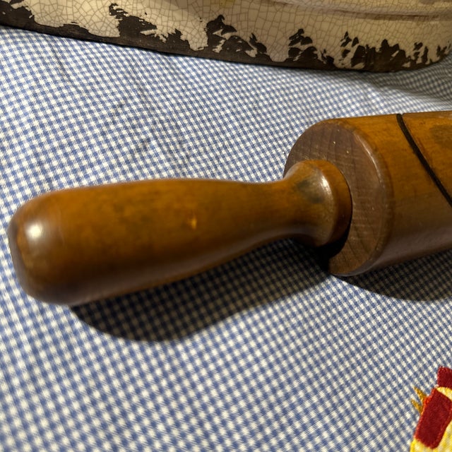 Burnt Umber Vintage Wooden Rolling Pin With Carved Decorative Bands For Sale - Image 8 of 12