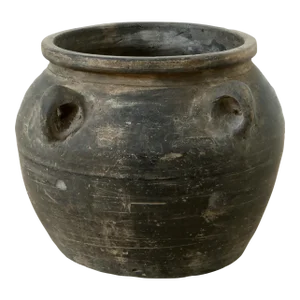 Early 20th Century Vintage Gray Ceramic 8" Water Vase With Four Handles
