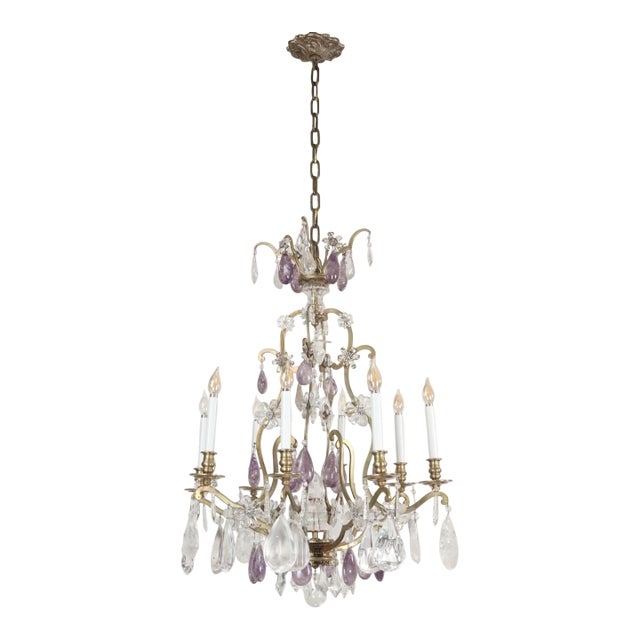 Mid 20th Century Louis XV Amethyst & Clear Rock Crystal Bronze Chandelier For Sale