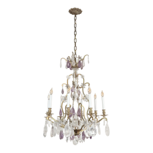 Mid 20th Century Louis XV Amethyst & Clear Rock Crystal Bronze Chandelier
