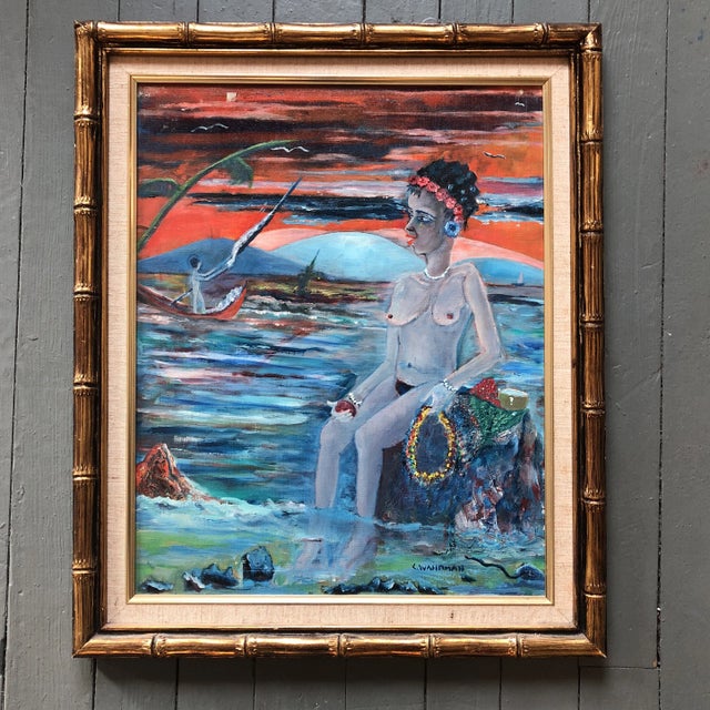 1970s Original Vintage Female Nude in Seascape Painting Signed For Sale - Image 5 of 5