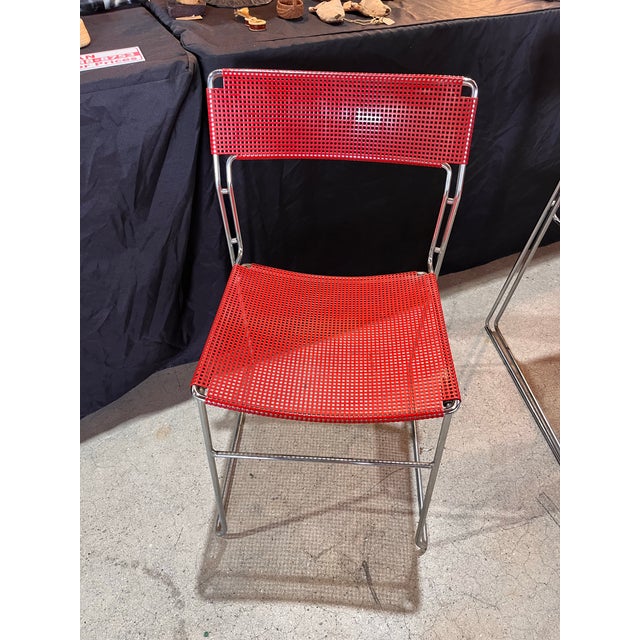 Vintage 1970s Red Perforated Mesh & Chrome Stacking Dining Chairs – Set of 3 For Sale - Image 10 of 10