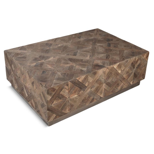 Rustic farmhouse style salvaged elm wood block coffee table. Layered diamond and x patterning. Each will vary in exact...