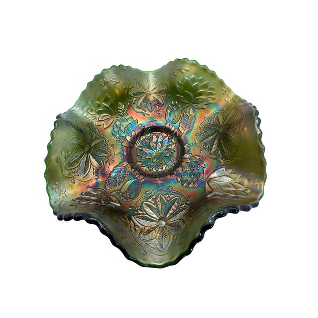 Fenton Water Lily Green Carnival Glass Footed Bowl For Sale - Image 4 of 7