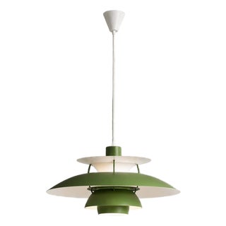Danish Modern Green Pendant Light, Mid Century Layered Ceiling Lamp, Brass Scandinavian Hanging Light, Retro Dining Room Fixture For Sale