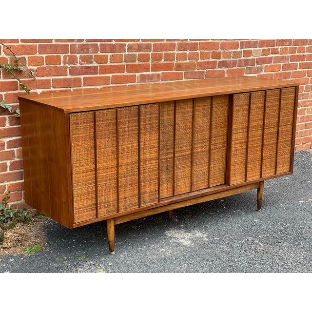 Mainline by Hooker 1960s Mainline by Hooker Credenza Mid Century Walnut & Cane With Reversible Doors For Sale - Image 4 of 12