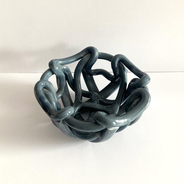 1980s Postmodern Gray Ceramic Braided Woven Abstract Centerpiece Bowl For Sale - Image 4 of 8
