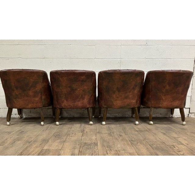 Brown Vintage Faux Leather Tufted Chesterfield Rolling Club Arm Chairs For Sale - Image 8 of 11