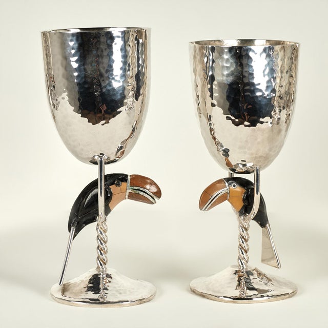 Mid-Century Modern Vintage Silver on Copper Goblets or Stemware With Toucans - Set of Fourteen For Sale - Image 3 of 14