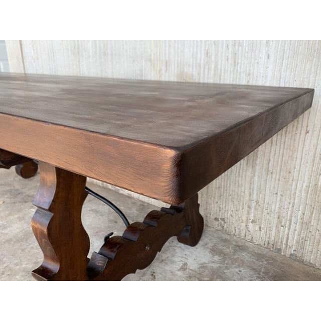 20th Century Spanish Baroque Style Walnut Lyre Legs Trestle Dining Table For Sale - Image 10 of 12
