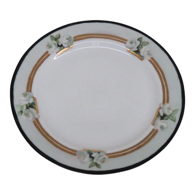 Haviland France Porcelain Green and Gold Hand Painted White Roses Plate For Sale