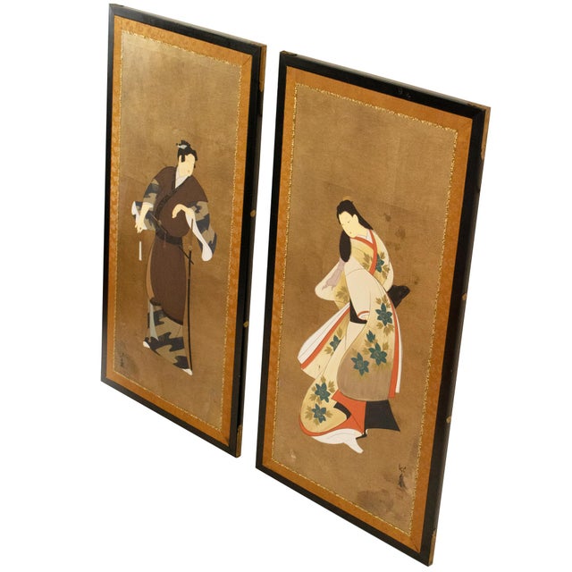 Stunning pair of vintage Japanese painted panels depicts Samurai and Bijin (young beautiful woman). Signed by artist....