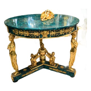 French Empire Bottle Green Center Table With Sculptural Bronze Figures & Gold Leaf Details For Sale