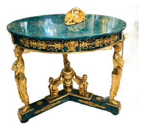 French Empire Bottle Green Center Table With Sculptural Bronze Figures & Gold Leaf Details