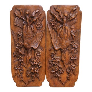 Pair of Early 20th Century French Art Deco Carved Walnut Pheasant Wall Panels For Sale