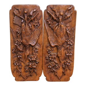 Pair of Early 20th Century French Art Deco Carved Walnut Pheasant Wall Panels