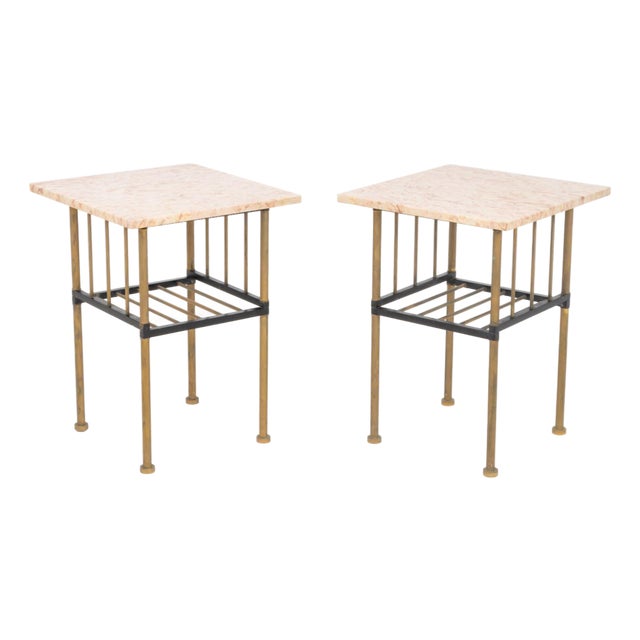 Modern Pink Travertine Brass Side Tables, Pair For Sale